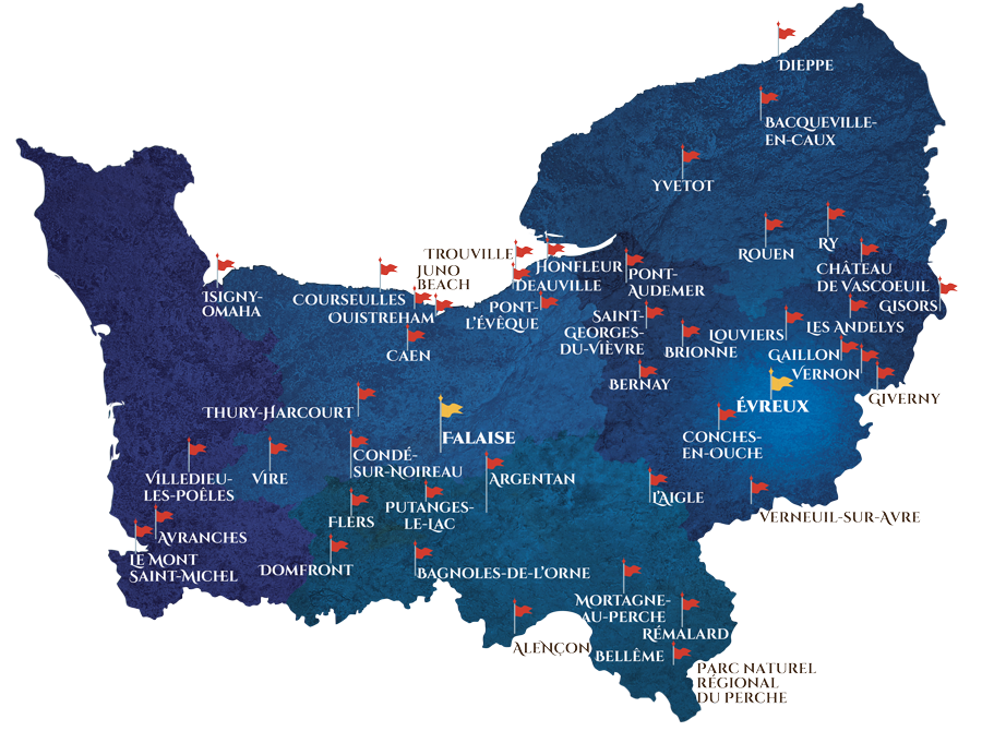 Carte des lieux touristique en Normandie représentés aux Fêtes Normandes