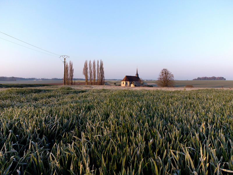 Vue de l'église au milieu des champs cultivés