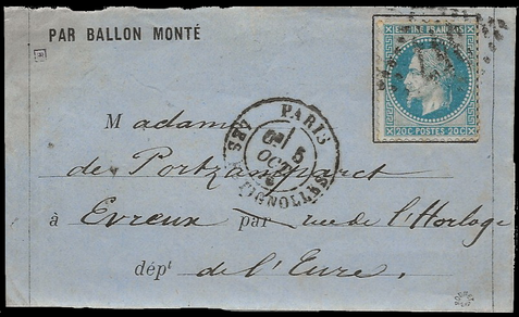 Rare lettre postée de Paris le 5 octobre 1870 à destination d’Évreux